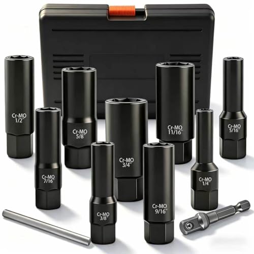 11PCS Bolt Extractor Set, Spiral Deep Well Sockets for Damaged Bolts | Cr-Mo steel, Reverse spiral grip, Deep well design, 3/8" adapter included, fits stripped, Rusted bolts and spark plugs