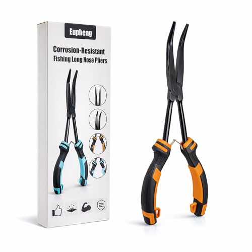 EUPHENG 11in Fishing Long Nose Pliers Carbon Steel Corrosion Resistant PTFE Coated Hook Remover Saltwater & Freshwater with Return Spring Needle Nose Pliers Straight & Bent Jaws for Bass Snook Trout - color: Orange（Bent Nose）