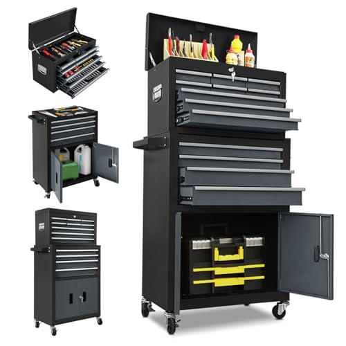 13 Drawer Rolling Tool Chest with Double Door, 2 in 1 Detachable Tool Box with Lock, Heavy Duty Rolling Tool Cabinet with Wheels & Brakes, Mechanic Tool Organizer for Garage,Gift for Men (Black&Gray) - color: Black&Gray