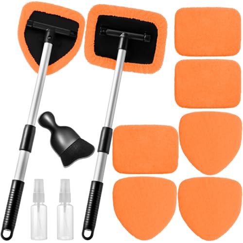 Qydipclin 11pcs Windshield Cleaner Tool, Car Window Cleaning Wash Kit with 6 Reusable Microfiber Pads 2 Spray Bottles and Extendable Handles Auto Glass Wiper Kit, Orange - color: Orange