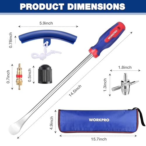 WORKPRO 14.5” Tire Spoons Set, 23-Piece Steel Tire Removal Tool Set | 3-Piece Tire Spoons, 3-Piece Rim Protectors, Valve Tool, 6-Piece Valve Cores, 10-Piece Valve Caps, Storage Bag, Tire Iron Set
