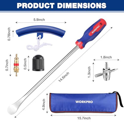 WORKPRO 14.5” Tire Spoons Set, 23-Piece Steel Tire Removal Tool Set | 3-Piece Tire Spoons, 3-Piece Rim Protectors, Valve Tool, 6-Piece Valve Cores, 10-Piece Valve Caps, Storage Bag, Tire Iron Set