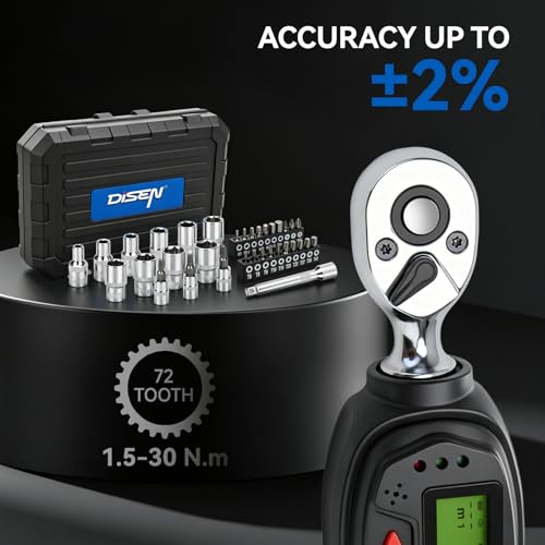 DISEN 1/4 inch Digital Torque Wrench Set with 13pcs Sockets & Extension Bar, 5-25 N.m / 3.7-18.4 Ft.lb, ±2% Accuracy, 3 Modes (Track/Peak/Pre), 5 Units, LED & Buzzer, for Auto Motorcycle Bike DIY - size: 1/4 inch