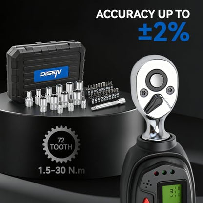 DISEN 1/4 inch Digital Torque Wrench Set with 13pcs Sockets & Extension Bar, 5-25 N.m / 3.7-18.4 Ft.lb, ±2% Accuracy, 3 Modes (Track/Peak/Pre), 5 Units, LED & Buzzer, for Auto Motorcycle Bike DIY - size: 1/4 inch