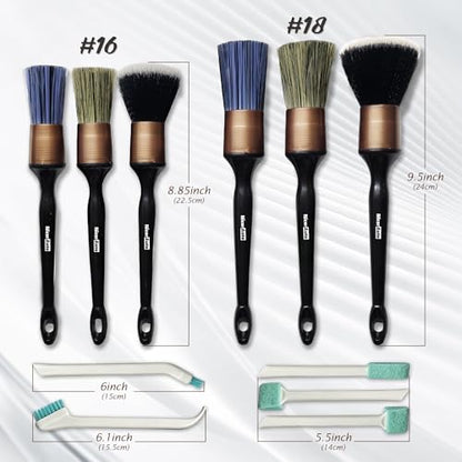 11PCS Car Detailing Brush Set, Boars Hair & Ultra Soft Detail Brushes, Gold | 2 Sizes No Scratch Auto Detailing Brushes for Leather Dashboard Gaps, 5 Precision Crevice Tools Reach AC Outlet, Wet Dry Use - color: Gold 11pcs Detailing Brush Set