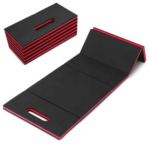 Ptwola Foldable EVA Mat with Carrying Handle, 2.5cm Thick Foam Cushion Kneeling Pad High Density Water Resistant Anti Slip Knee Mat for Workout Exercise Mechanic Garages Picnics Gardening Camping Gym - color: Red Border