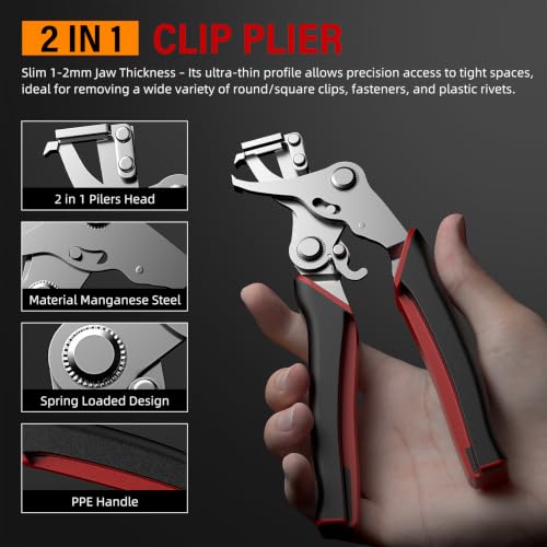 BURMONG Car Clip Pliers, Car Trim Removal Tool with 2Pcs Stainless Steel Fastener Removers, for Automotive Interior, Door Panels, Dashboards, Bumpers & Plastic Rivets
