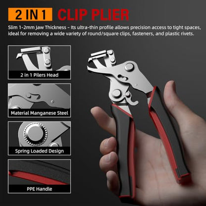 BURMONG Car Clip Pliers, Car Trim Removal Tool with 2Pcs Stainless Steel Fastener Removers, for Automotive Interior, Door Panels, Dashboards, Bumpers & Plastic Rivets