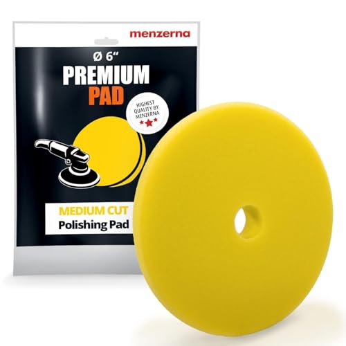 MENZERNA 6 Inch Polishing Pad Medium Cut for Medium Fine Polishing I Body Repair & Detailing Pads with Safety Edge & Velcro Attachment I Washable & Long Lasting I with Hole for Anti Heat Build-Up - color: yellow