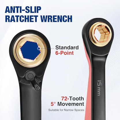 WORKPRO 3-Piece 4-in-1 Reversible Ratcheting Wrench Set, 12 Sizes in 3 Wrenches (8MM to 19MM), Metric, Anti-Slip, Double Box End, 72-Tooth, CR-V, 6-Point, with Storage Bag - for Repair & Maintenance - style: Metric