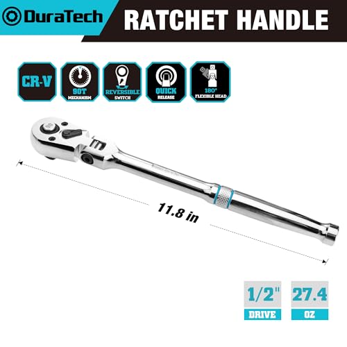 DURATECH 1/2-Inch Drive Flex-Head Ratchet, 90-Tooth Quick-Release Ratchet Wrench with 180° Pivoting Head and 7-Position Setting, Reversible, CR-V Made, CR-MO Head, 4° Swing, Full Polished, Men Gifts - size: 1/2"(Polished)