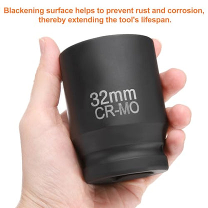 HARFINGTON 4 Point Square Socket 1" Drive 32mm Metric Square Impact Socket CR-MO Blackening Standard Wheel Sleeve Pneumatic Sleeve Tool for Auto Repair Mechanical Maintenance Home Use - size: 1"/32mm