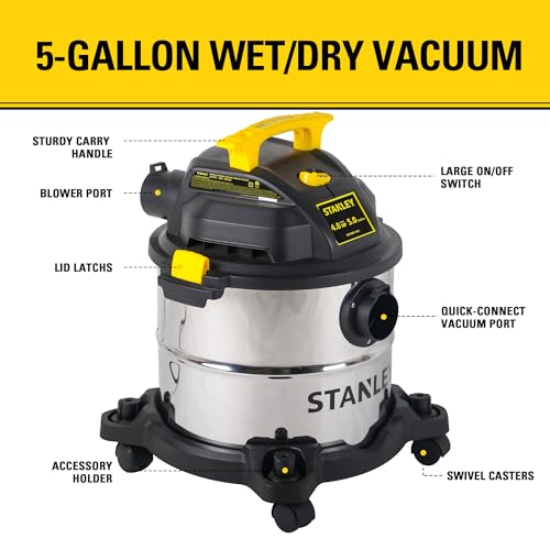 STANLEY Wet/Dry Vacuum SL18115, Stainless Steel Tank, 5 Gallon 4HP Shop Vacuum, Portable Style Ideal for Home/Shop/Jobsite Dust Collection Job with Vacuum Attachments, Silver+Yellow - size: 5 Gallon, 4.0 HP, 50" Sealed Pressure