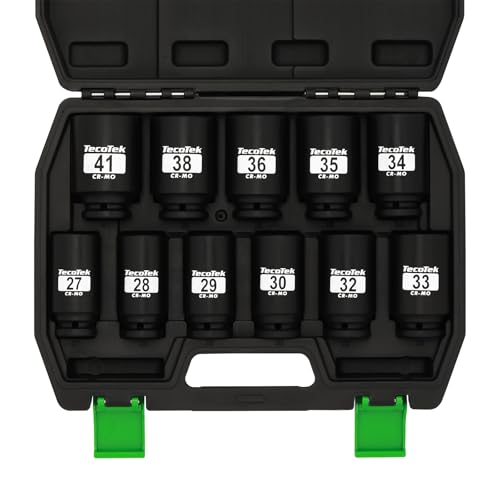 TecoTek 1/2" Drive Deep 6-Point Impact Socket Set, 11-Piece Deep Metric Spindle Axle Nut Impact Socket Set, Cr-Mo, 27mm - 41mm - size: 27mm - 41mm (11PCS)