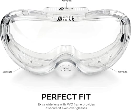 Neiko Pro 53875B Clear Protective Lab Safety Goggles, Chemistry Lab Goggles, Scientific, Construction Goggles, Contractor, Woodworking, Anti-Fog and Splash, Includes Indirect Vent for Men and Women