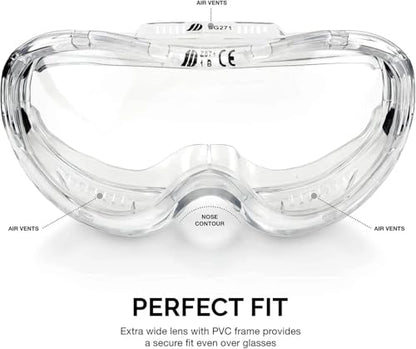 Neiko Pro 53875B Clear Protective Lab Safety Goggles, Chemistry Lab Goggles, Scientific, Construction Goggles, Contractor, Woodworking, Anti-Fog and Splash, Includes Indirect Vent for Men and Women