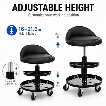 Sintuff Rolling Mechanic Stool, 16-21.6 in Adjustable Height Garage Stool with 2 Tier Tool Tray, 300 Lbs Capacity Padded Shop Seat with 360° Wheels, Black PU Leather Chair for Auto Repair and Workshop