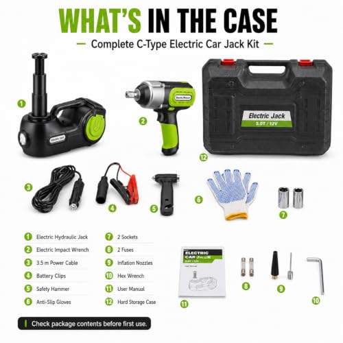 Electric Car Jack Kit 5 Ton 12V with Wrench and Tire Inflator (Black Green) | C model, 20.87 in lift, hydraulic jack, impact wrench, tire inflator, LED light, hard case