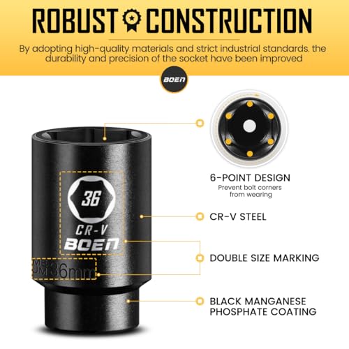 boen 10mm-36mm 1/2” Drive Metric Socket Set, Impact Deep Socket, 6-Point Axle Nut Socket with Portable Case, Rugged Construction, CR-V Steel, 27PCS