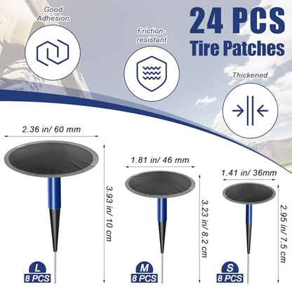 24+3PCS Tire Patch Kit, 24PCS Tire Repair Patch Plug Tool (36/46 / 60 mm)/ Patch Roller Tool/Repair Buffing Wheel/Hex Shank Drill Bit