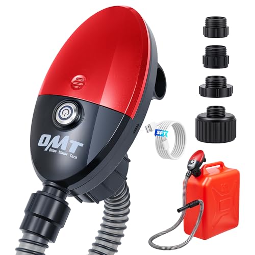 OMT Electric Fuel Transfer Pump, 3.2GPM Gas Can Pump for Gas, Diesel, Kero | Fuel Pump with Auto Shutoff, 51" Hose, USB-C &Battery Powered, 4 Adapters for Race Tracks Emergency Docks (NO BATTERIES)-Red - color: 3.2GPM Cordless Gas Pump Kit, Red