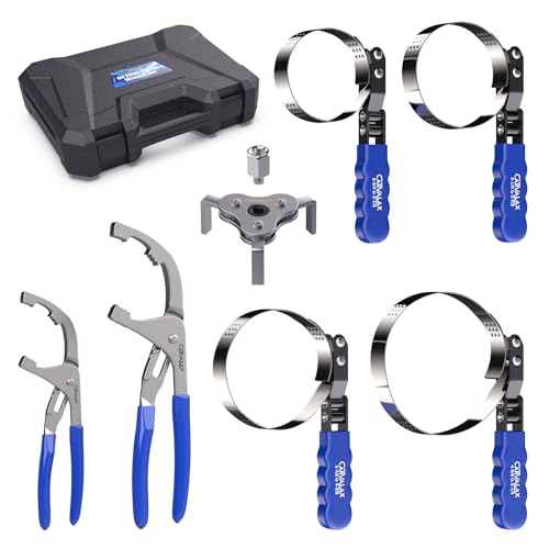 CARVALAX 8PCS Oil Filter Wrench Set – Stainless Steel Swivel Wrenches (1-3/4”to 5-1/4”), 9” & 12” Adjustable Pliers, Universal 3-Jaw Remover with Adapter, Organized in Storage Case for Auto Repair