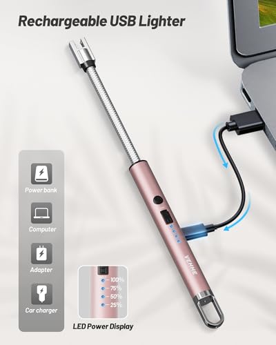 VEHHE Rose Gold USB Rechargeable Electric Arc Lighter with LED Display Long Neck Flexible Suitable for Kitchen, Candles, Gas Cookers, Barbecues - color: Roségold