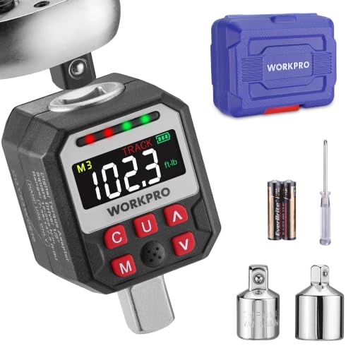 WORKPRO 1/2" Drive Digital Torque Adapter, 7.38-147.5 ft-lb (10-200 Nm), Electronic Torque Wrench Adapter with Buzzer Alert, 1/4" & 3/8" Adapters, Batteries & Case Included