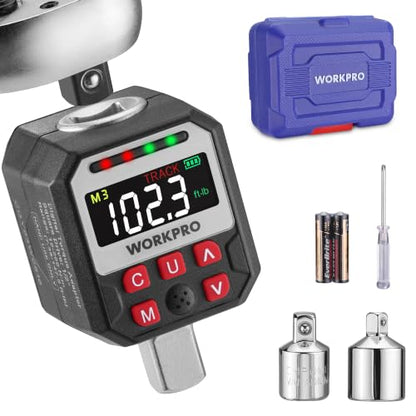 WORKPRO 1/2" Drive Digital Torque Adapter, 7.38-147.5 ft-lb (10-200 Nm), Electronic Torque Wrench Adapter with Buzzer Alert, 1/4" & 3/8" Adapters, Batteries & Case Included
