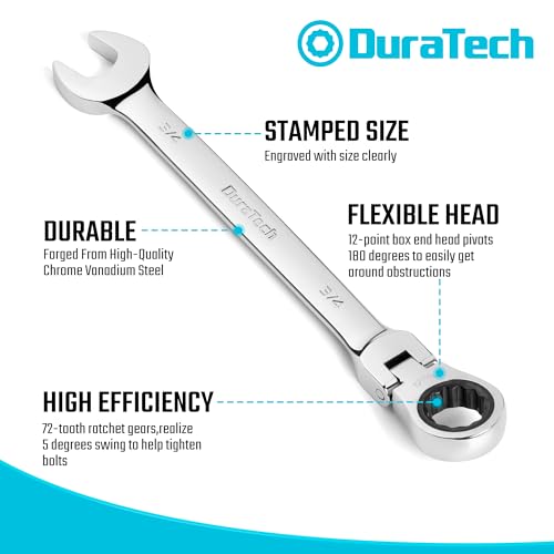 DURATECH 9-Piece Flex-Head Ratcheting Wrench Set, SAE, 5/16" to 3/4" | 5/16", 11/32", 3/8", 7/16", 1/2", 9/16", 5/8", 11/16", 3/4", 72 Tooth, CR-V Steel, Rolling Pouch Included - color: Silver, size: 5/16 - 3/4 inch