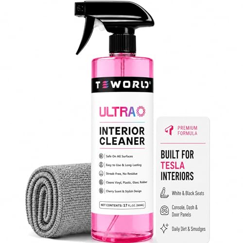 Tesla Seat Cleaner & Stain Remover, Tesla Interior Cleaner for White & Black Vegan Leather | Tesla Model Y Juniper Accessories 2026 & Tesla Model 3 Accessories, S/X/Cybertruck (Cherry Pink) - color: Cherry Pink w/ Towel