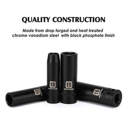 MIXPOWER 3/8" Drive Deep Impact Socket Set, 6 Point, 31 Piece SAE and Metric Socket Set, 7-22mm, 5/16"-1", Cr-V Steel Mechanic Socket Set - size: 9/32" - 1" (Deep)