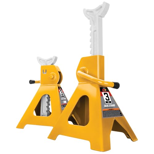Performance Tool W1619 3 Ton Trolley Jack and Jack Stands: 6000 lb Capacity, 5.75-17.125-in Lift, 11.25-16.75-in Height Ratchet-Style Jack Stands, Swivel Casters and Steel Wheels, High-Viz Yellow