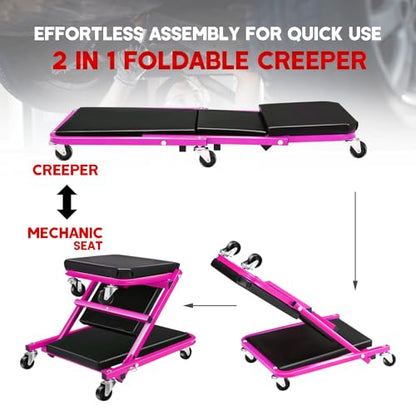 Foldable Z Creeper 2 in 1 Rolling Seat for Garage Shop Auto Repair | Purple 36 inch Low Profile Creeper with Wheels 330LBS Capacity - style: 36inch-Purple
