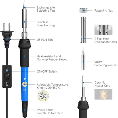 LDK 60W Soldering Iron Kit, 110V Soldering Iron with 5 Solder Tips, Solder Wire, Adjustable Temperature Solder Welding Tools, Fast Heating, Electronic Repair, Permanent Jewelry Starter Kit - color: Blue