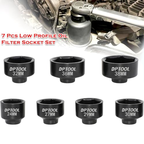 7 Pcs Low Profile Oil Filter Socket Set 6 Point Canister Oil Filter Cap Wrench Remover and Installer Tool Kit Compatible with VW BMW V0lVO Chevy Etc with 3/8" Drive 24mm 27mm 29mm 30mm 32mm 36mm 38mm