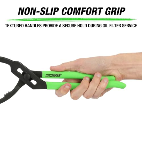OEMTOOLS 25324 14” Oil Filter Wrench Pliers, 2 2/5" To 5" Adjustable Oil Filter Pliers, Heavy Duty Steel Oil Filter Gripper, 20 Degree Jaws, Green And Black | Adjustable Oil Filter Pliers, Heavy Duty Steel Oil Filter Gripper, 20 Degree Jaws, Comfort Grip