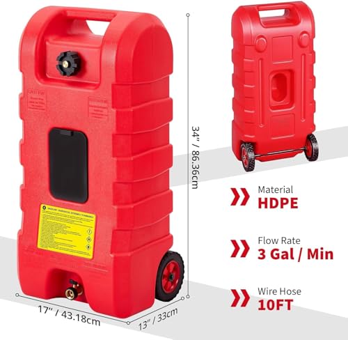 15 Gallon Gas Can, Fuel Tank Container with Fluid Transfer Manual Siphon Pump & 10FT Hose, Portable Diesel Gas Storage Caddy with Wheels for Car, ATV, Weeder, Boat - color: Red