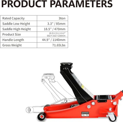 3 Ton Low Profile Floor Jack, Heavy Duty Floor Jack with Dual Pistons Quick Lift Pump, Steel Car Jack Adjustable Height 3.3"-18.5", Hydraulic Trolley Floor Jacks 3 Ton/6600 LB Capacity, Red - color: Red - 3 Ton(Dual Pump), Lift 3.3"-18.5"