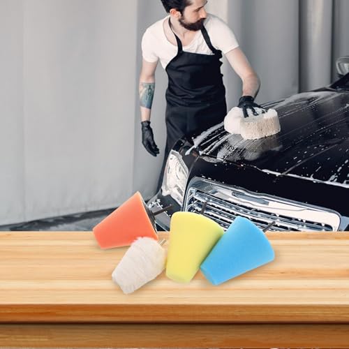 HOMSFOU 4pcs Car Polishing Buffing Sponge Pads Kit with Conical and Ball Shapes for Wheel Hub Cleaning and Dirt Removal Drill Polishing Cone Set for Automotive Wheel Care