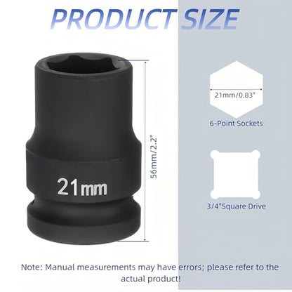 3/4"Drive x 21mm Metric, 6-Point Deep Impact Socket, Axle Nut Impact Socket | 40CR Alloy Steel,Clear labeling, Common Tools for Car Repair/Mechanical Work/Construction/Carpentry and Home Maintenance - size: 21mm