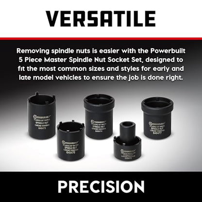 Powerbuilt Spindle Nut Socket Tool Kit, 5 Piece, Remove Spindle Nuts, Various Size Lug Out Spindle Sockets, Size Markings, Storage Case - 648636, Black - style: Spindle Nut Socket Set