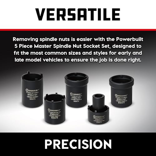 Powerbuilt Spindle Nut Socket Tool Kit, 5 Piece, Remove Spindle Nuts, Various Size Lug Out Spindle Sockets, Size Markings, Storage Case - 648636, Black - style: Spindle Nut Socket Set