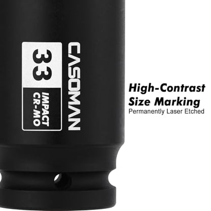 CASOMAN 3/4" Drive 33 mm Axle Nut Impact Socket, CR-MO, 6 Point Deep Impact Socket (33MM) for Easy Removal of Axle Shaft Nuts - size: 3/4-Inch Drive