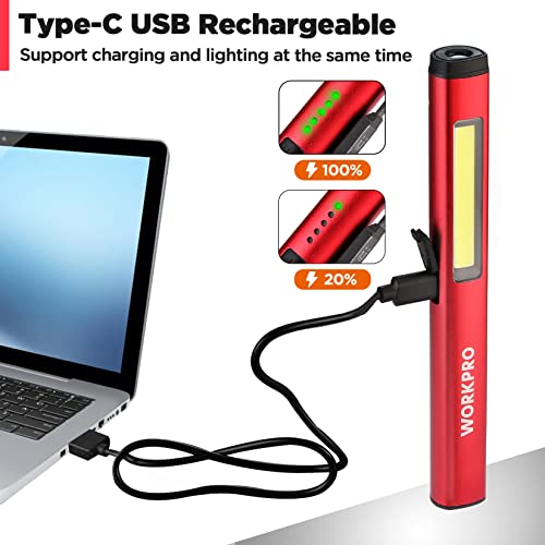 WORKPRO Rechargeable Pen Light, 450 Lumen LED Flashlight with UV Light | Dual Light Sources, Multifunctional Inspection Light, Mechanics Repair Tool, Outdoor Emergency Lighting - color: Red