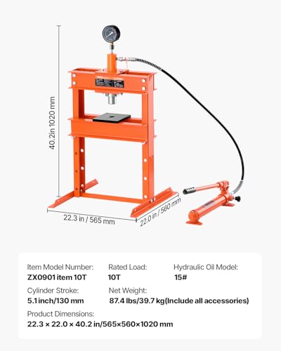 VEVOR Hydraulic Shop Press, 10 T H-Frame Shop Press with Press Plate & H-Shaped Base, Stable Garage Floor Adjustable Hydraulic Press with Relief Valve, Fit for Bending, Straightening & Stamping - size: 10T