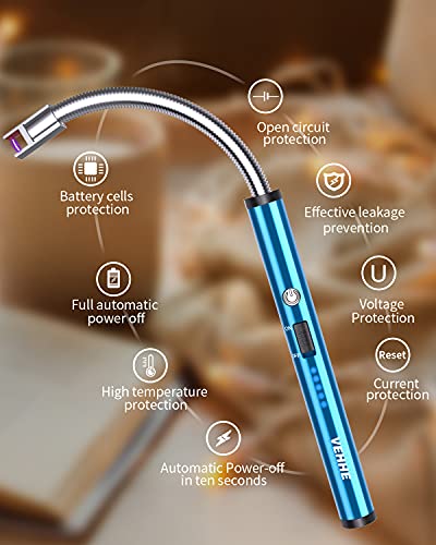 VEHHE Rechargable Lighter, Electric USB with LED Battery Display Safety Switch Longer Flexible Neck Arc Candle Lighter for Camping Cooking BBQs - color: Blue