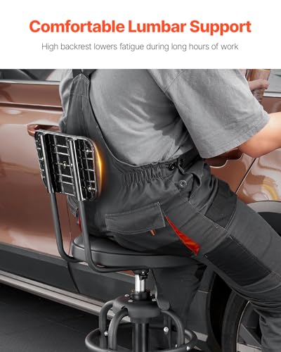VEVOR Shop Stool with Backrest, Pneumatic Garage Seat/Work Stool with 300 lbs Capacity, Adjustable Height Roller Creeper Seat, 360° Swivel Padded, for Garage, Shop & Auto Repair, Black - style: with Backrest-no Casters