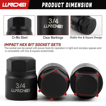 LLNDEI 30PCS 1/4-3/4 SAE/Metric, 3/8 Drive Low Profile Impact Hex Driver Set, 6-19mm, with E-torx Bit Socket Set E8-E20, Square Bit Socket, U-Joint Extension Bar, Cr-Mo, Storage Case