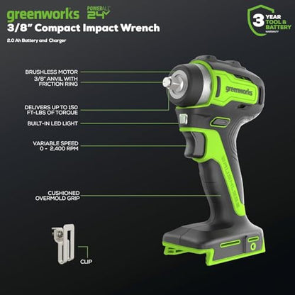 Greenworks 24V Brushless 2 pcs Cordless Power Tool Combo Kit, include 3/8" 150-ft lbs. Impact Wrench, 3 Ton Max Loading Car Jack, Include 2 x 2Ah Batteries and 1 Fast Charger - size: 2PCS Combo Kits(Car Jack+Impact Wrench)